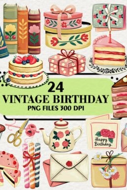 kawaii vintage birthday clipart bundle graphics 142172985 1 1 580x387