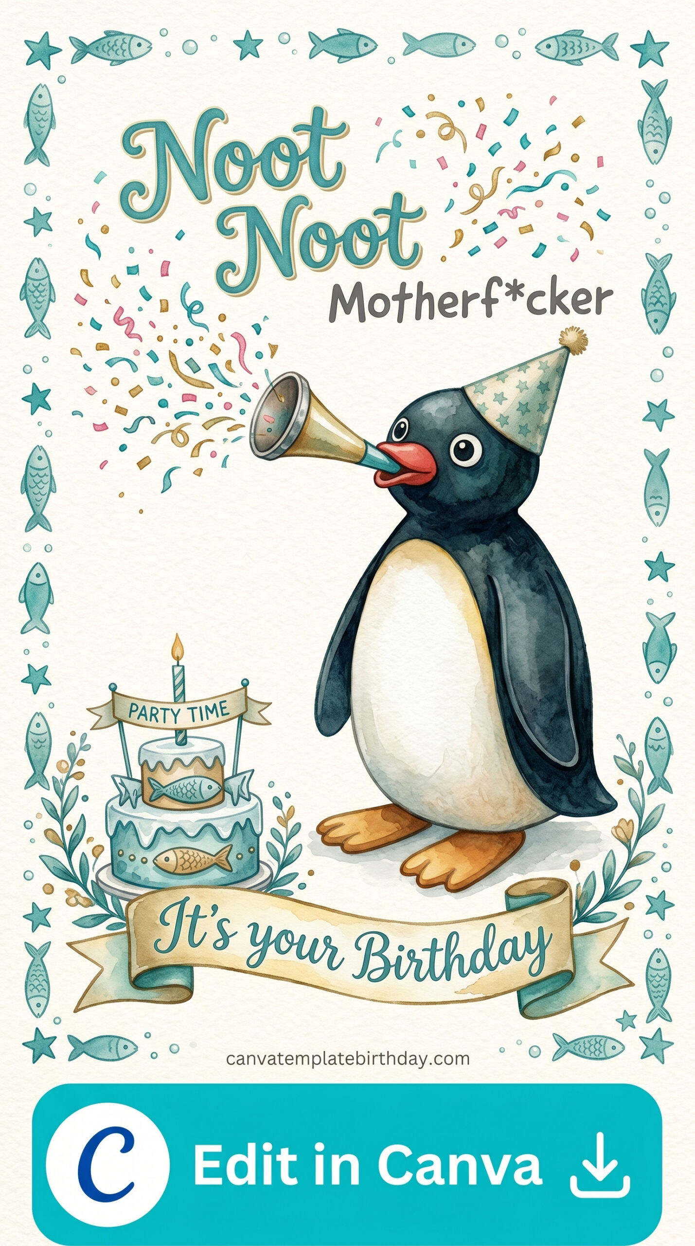 birthday card husband funny penguin with party hat printable editable