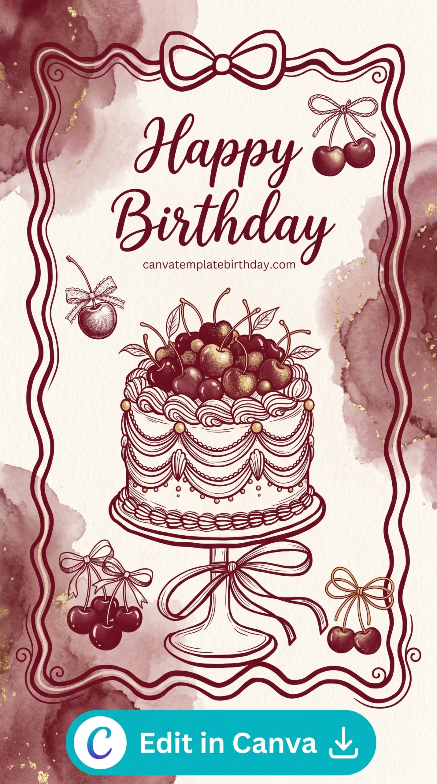 birthday card layout cake cherries illustration printable editable