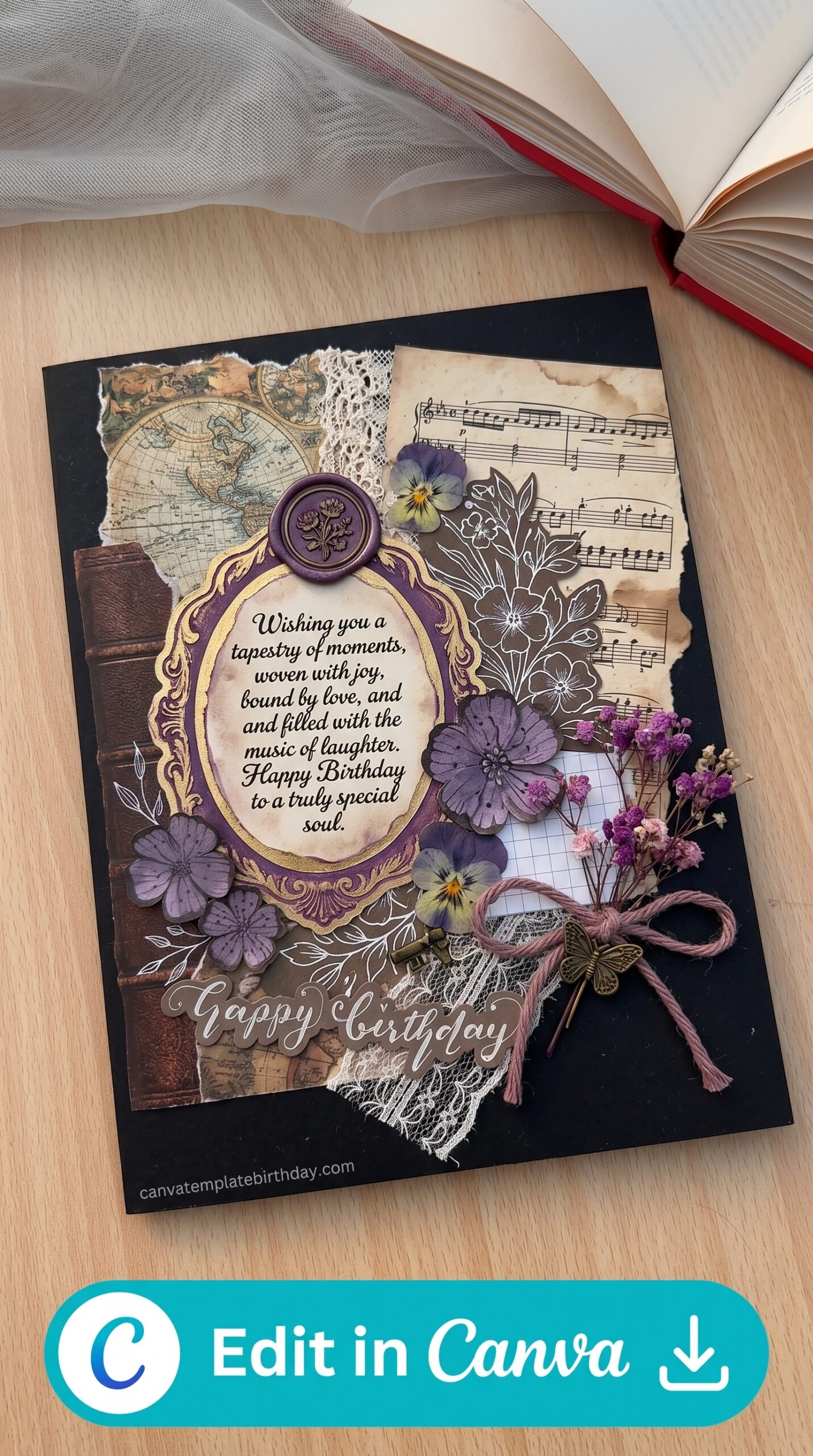 birthday card layout flowers ribbons handwritten canva printable editable