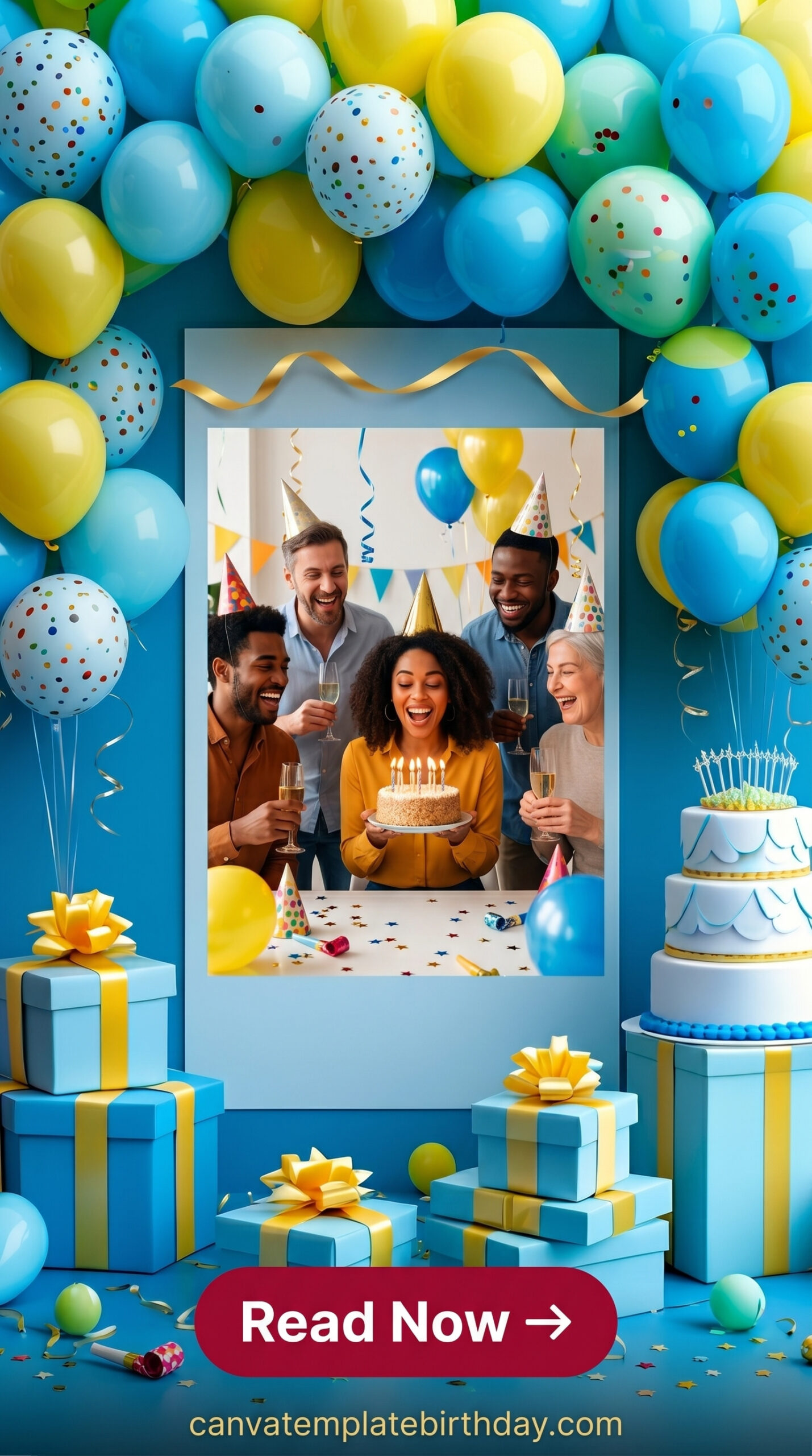 Birthday Invitation Background HD — Colorful Balloons and Cakes Canva Template