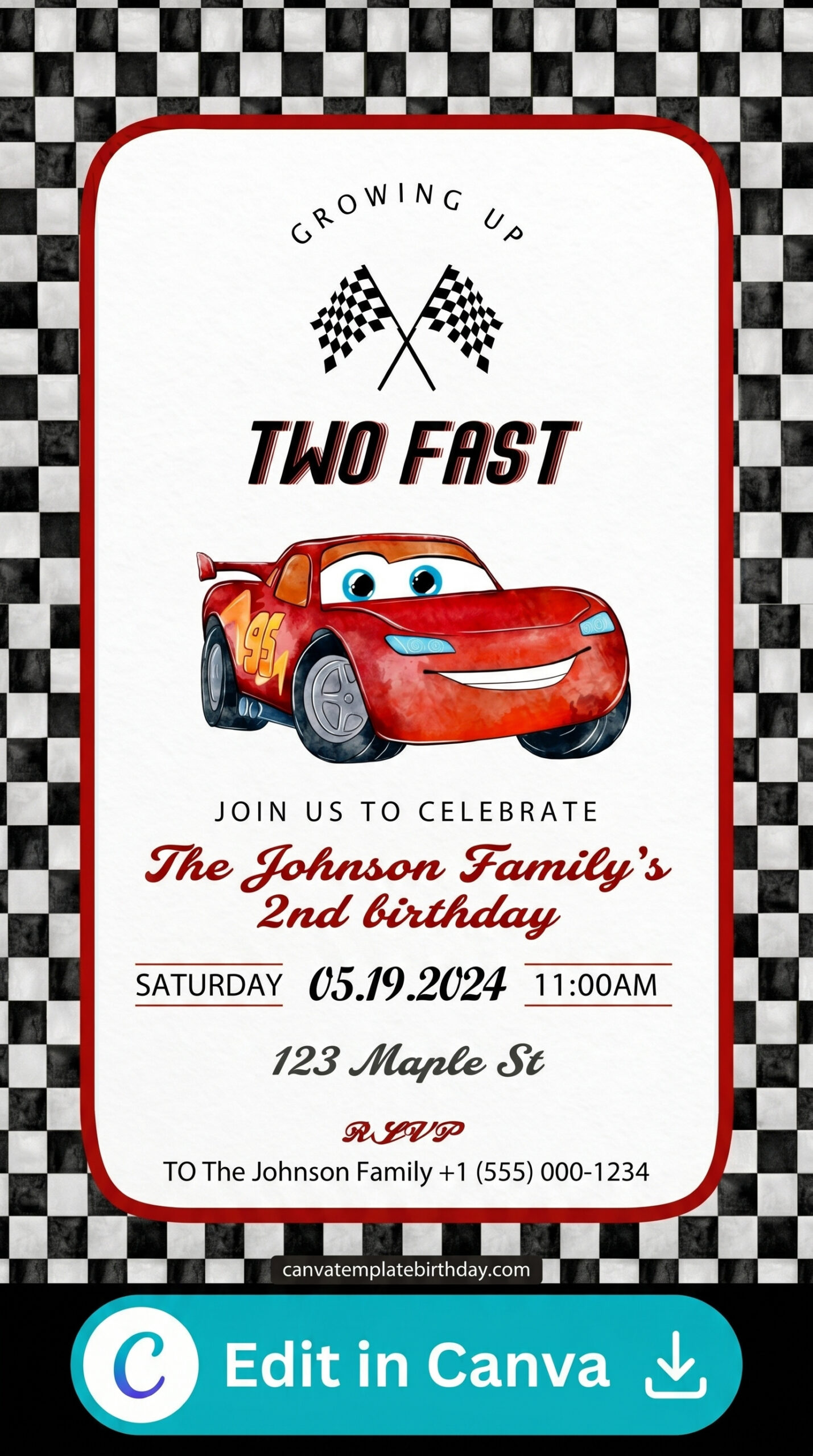 Birthday invitation card for kids Cars Lightning McQueen customizable template