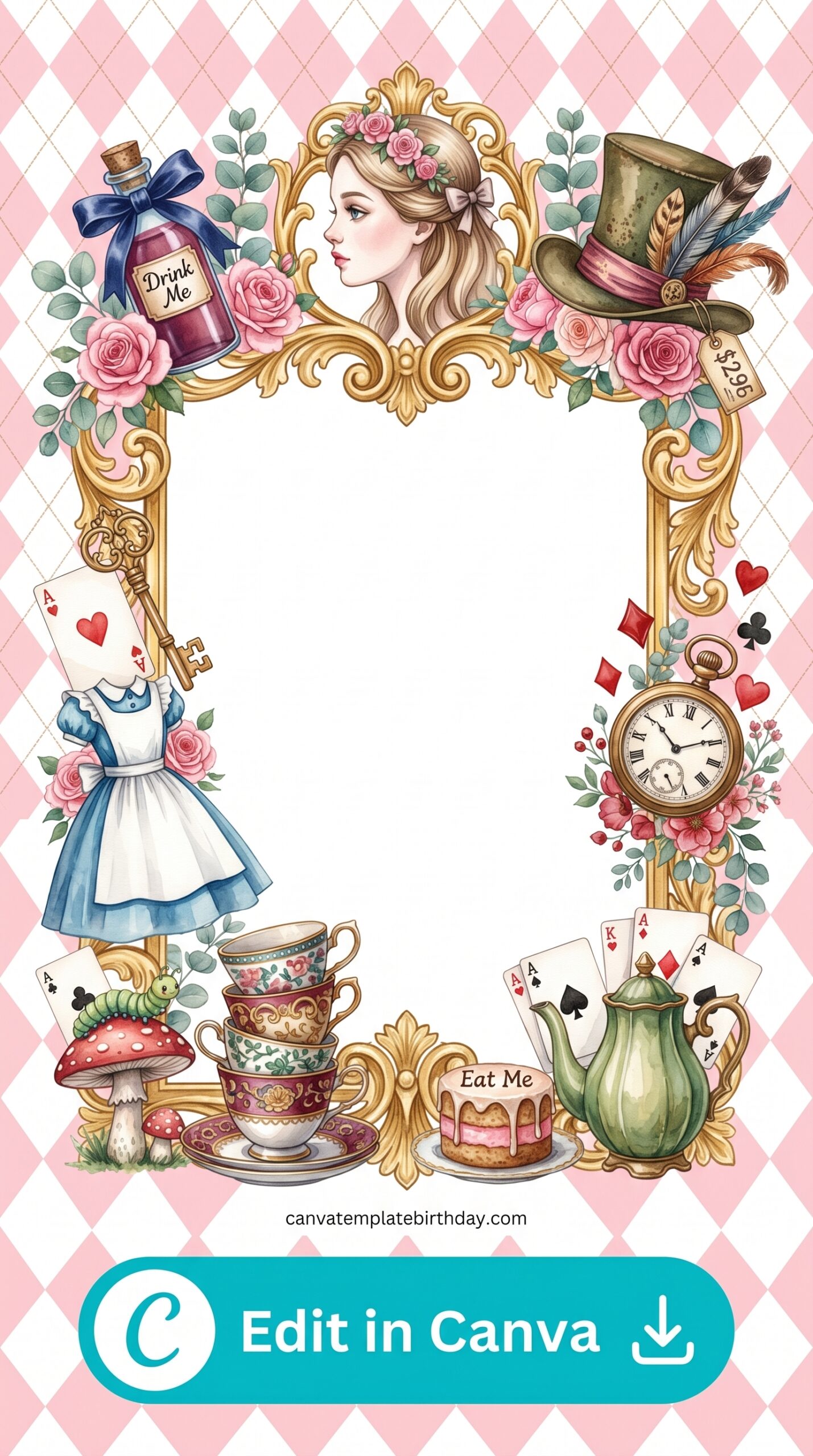 birthday invitation flyer wonderland theme clock backdrop printable editable