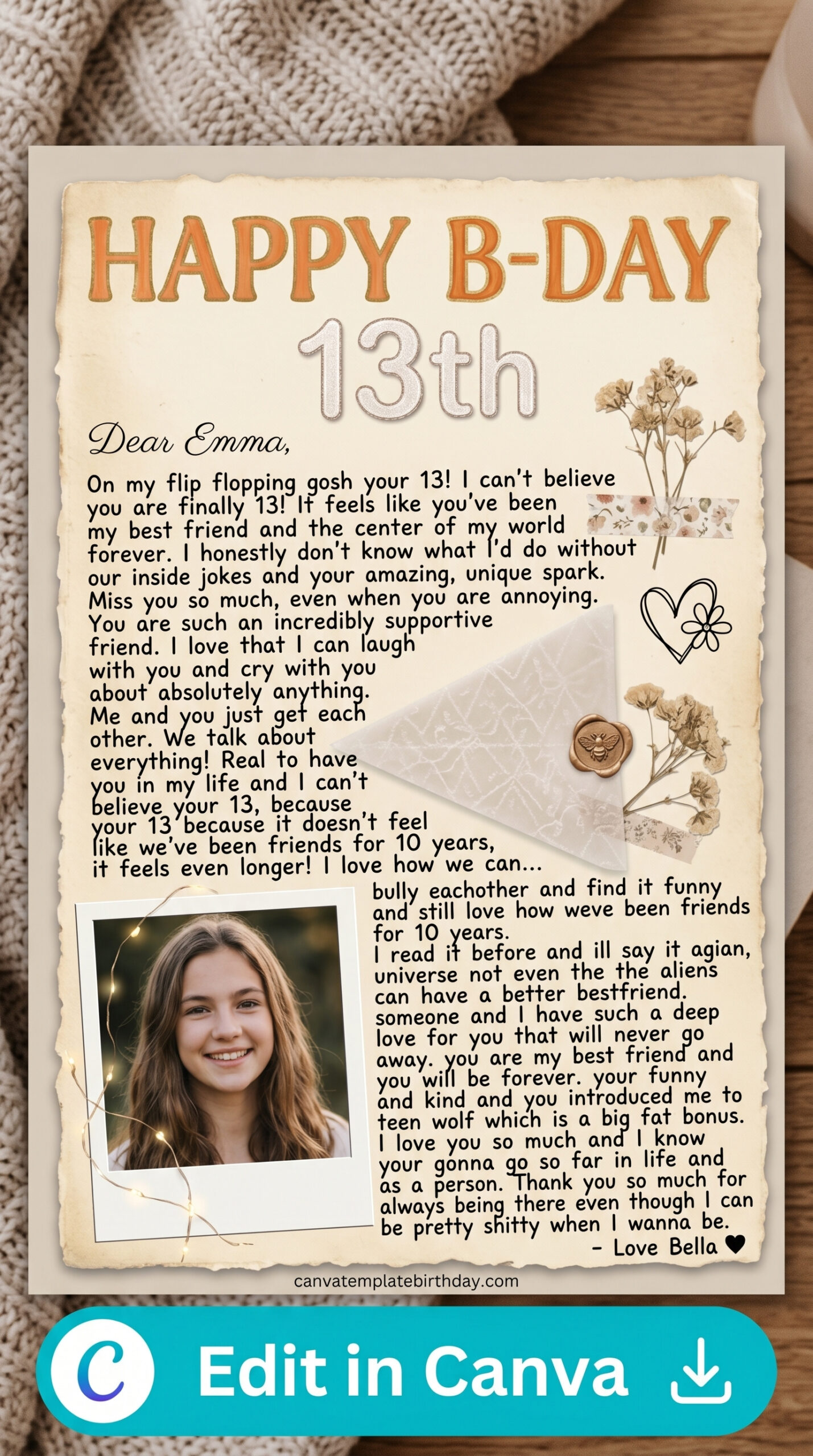 birthday invitation for 13 year old girl cute fun celebration printable editable