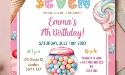 pink pastel candies kids birthday invitation card