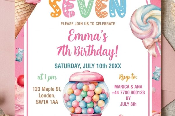pink pastel candies kids birthday invitation card