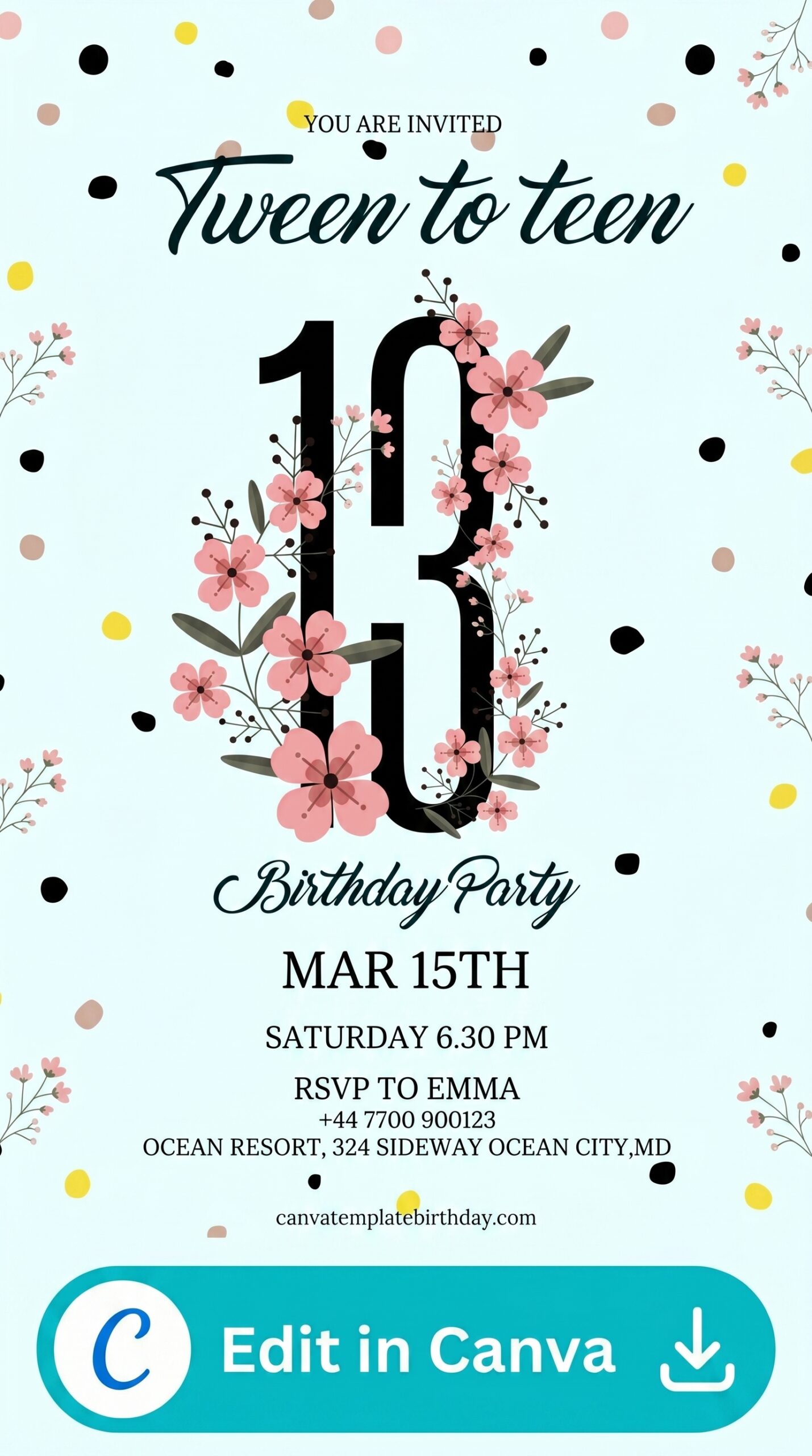 modern 13th birthday invitation card for kids