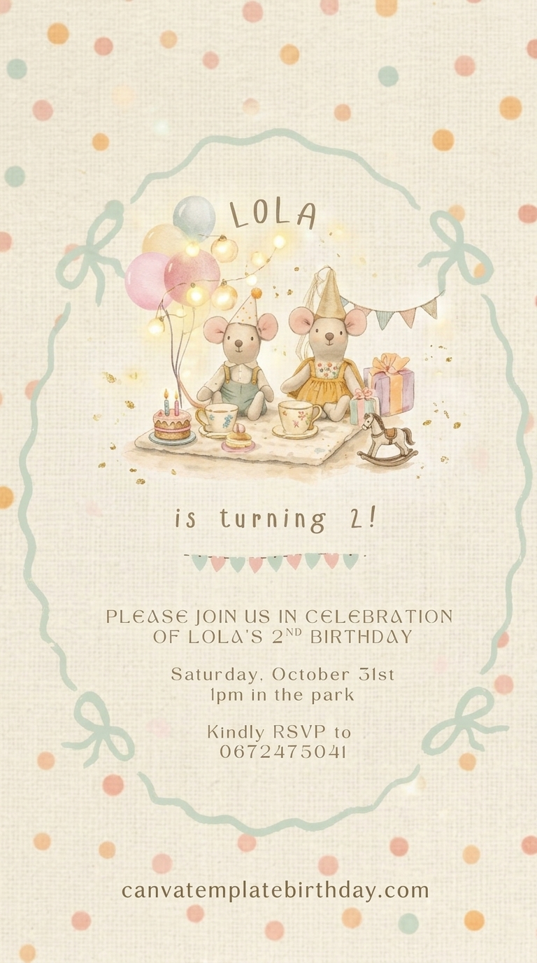 vintage whimsical mouse birthday invitation card for kids