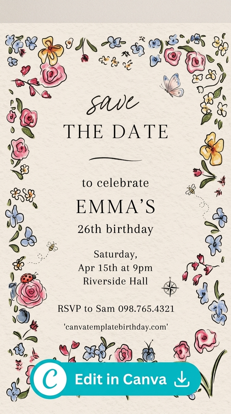 colorful floral doodles birthday invitation card for kids