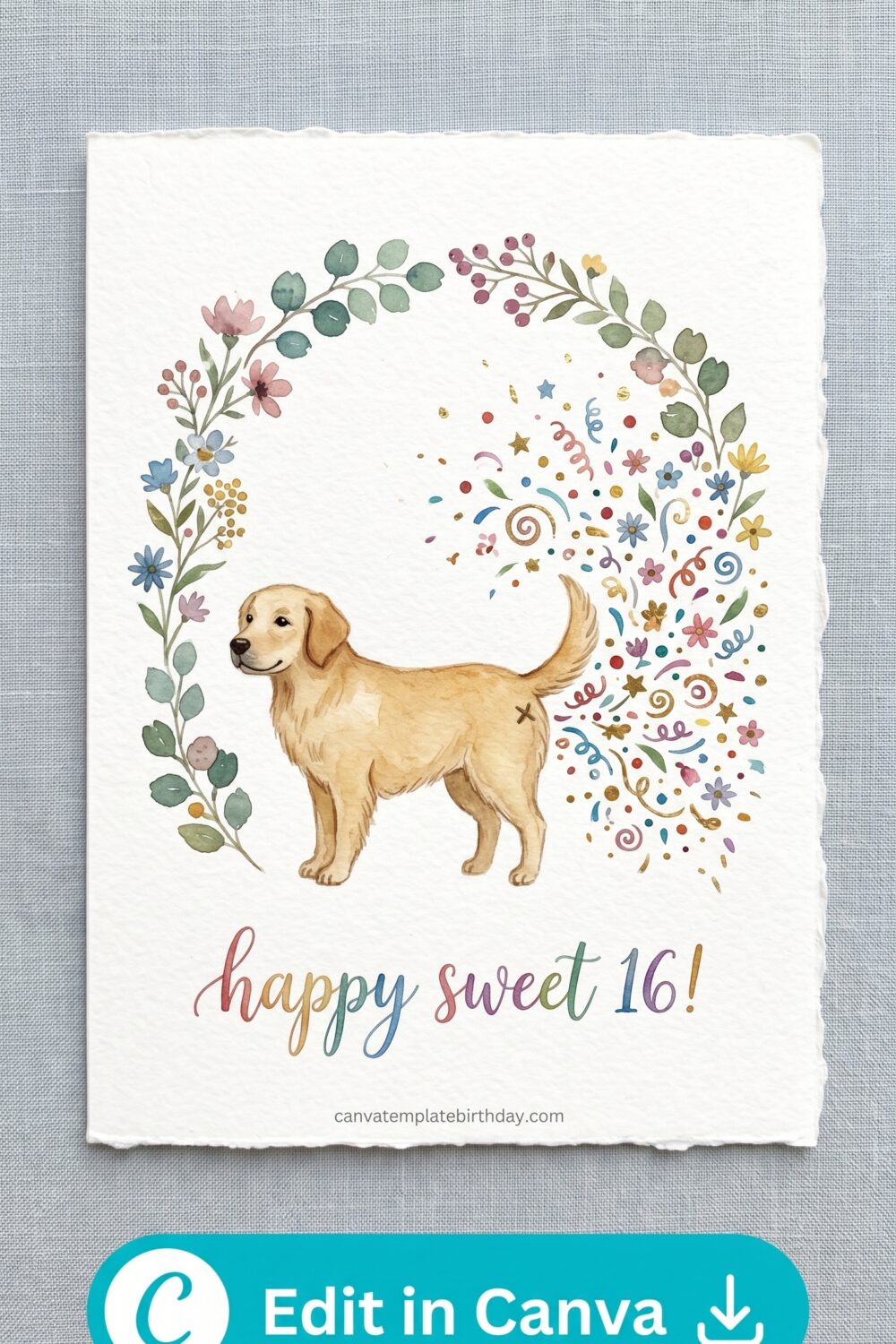 birthday invitation girl cute yellow dog balloon sweet 16 printable editable