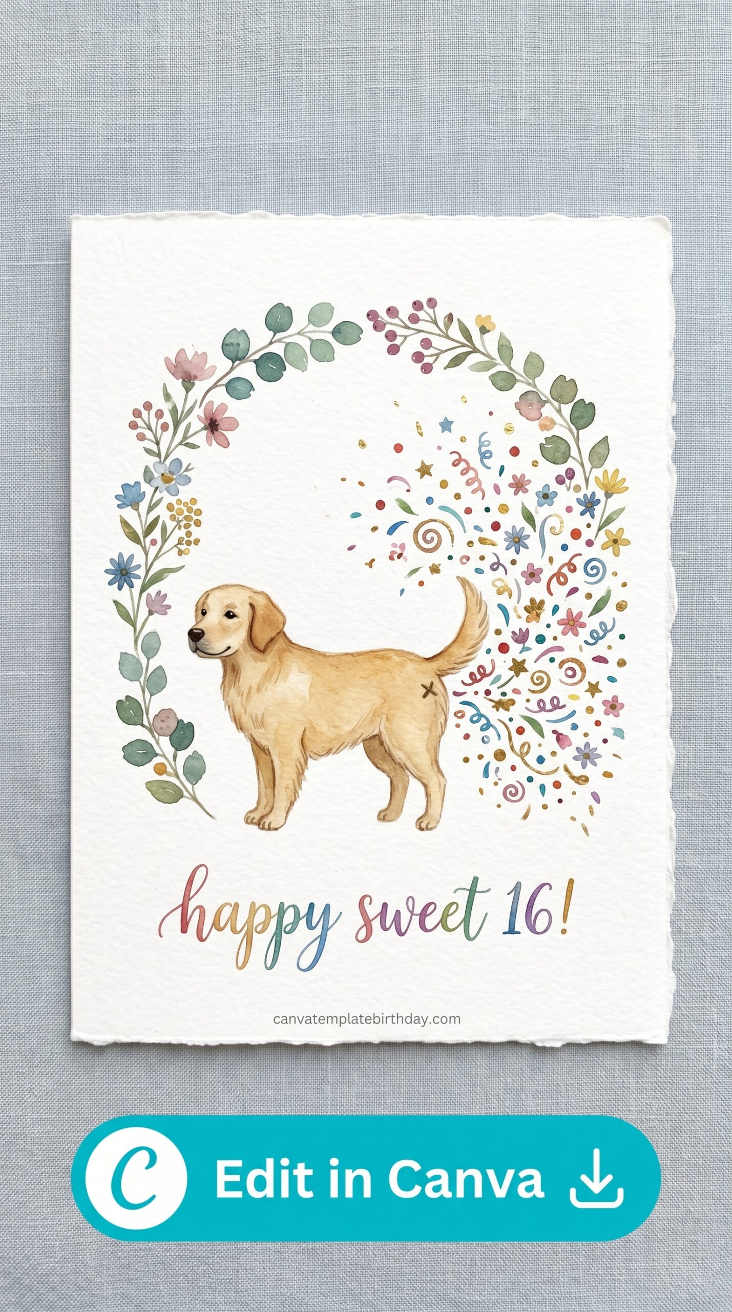birthday invitation girl cute yellow dog balloon sweet 16 printable editable