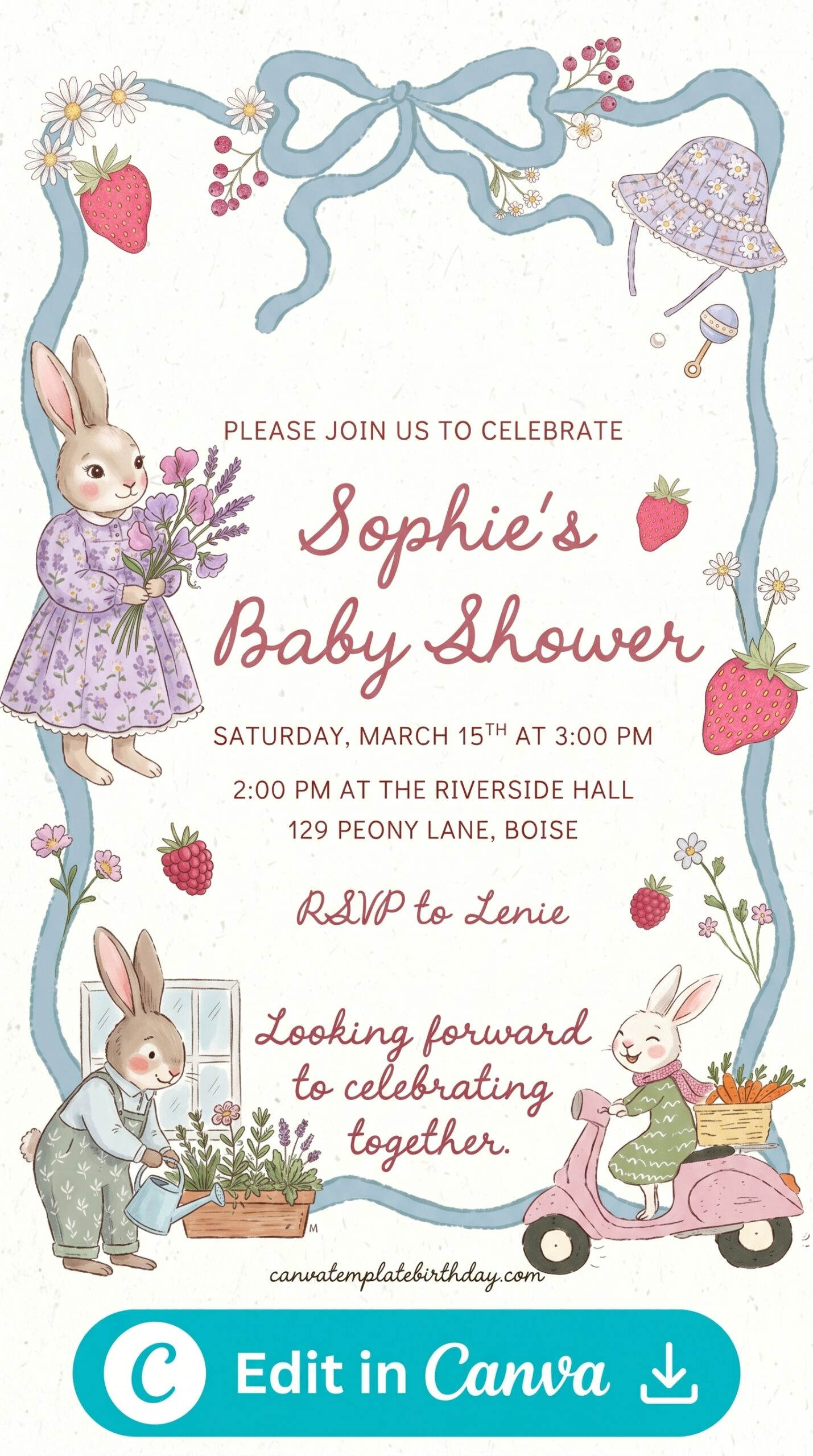 birthday invitation girl baby shower rabbits flowers printable editable