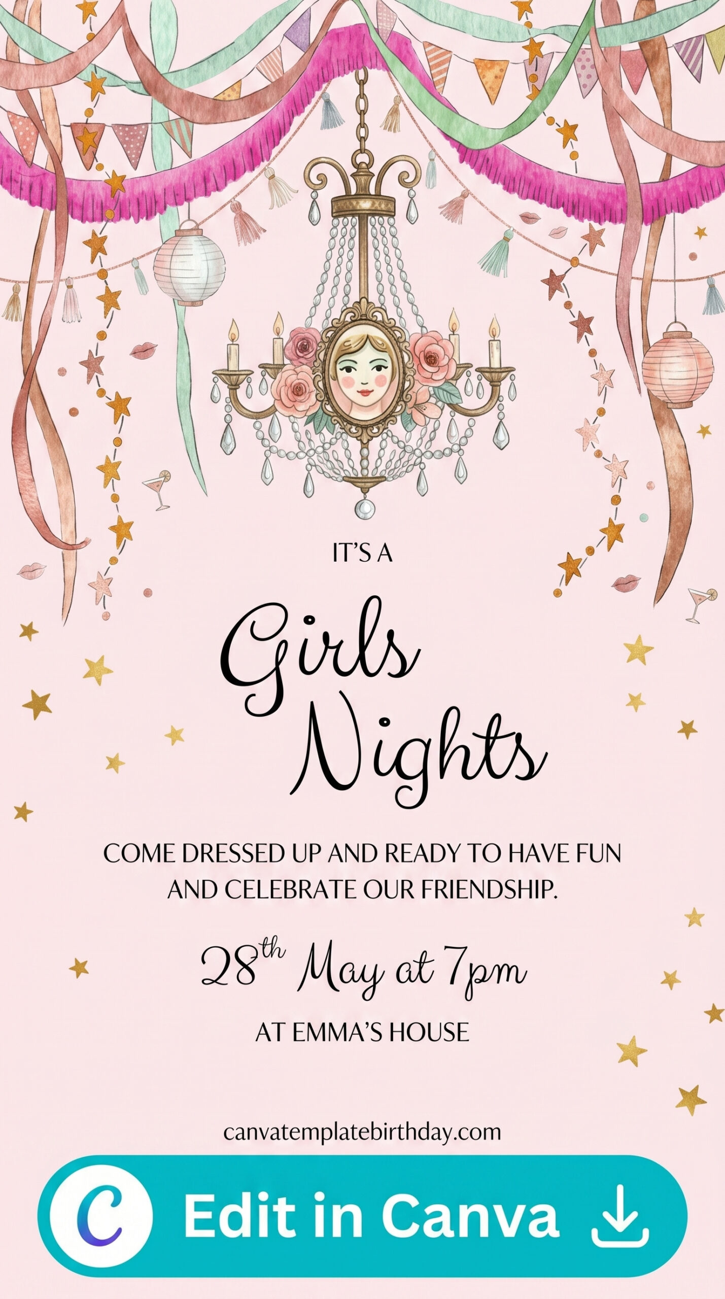 birthday invitation girl whimsical pink sketch frame party printable editable