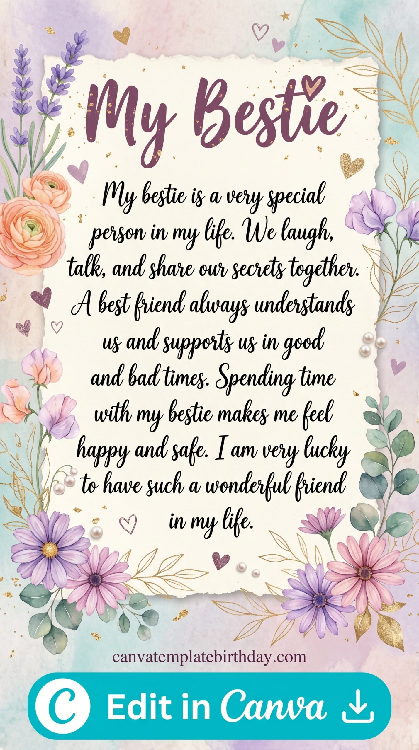 birthday letter to sister poem purple flowers hearts printable editable