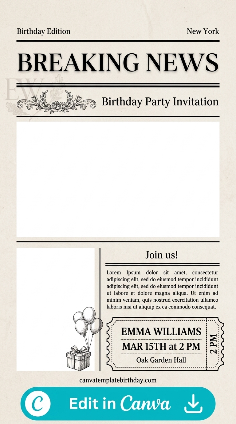 newspaper style birthday party invitation canva template printable editable