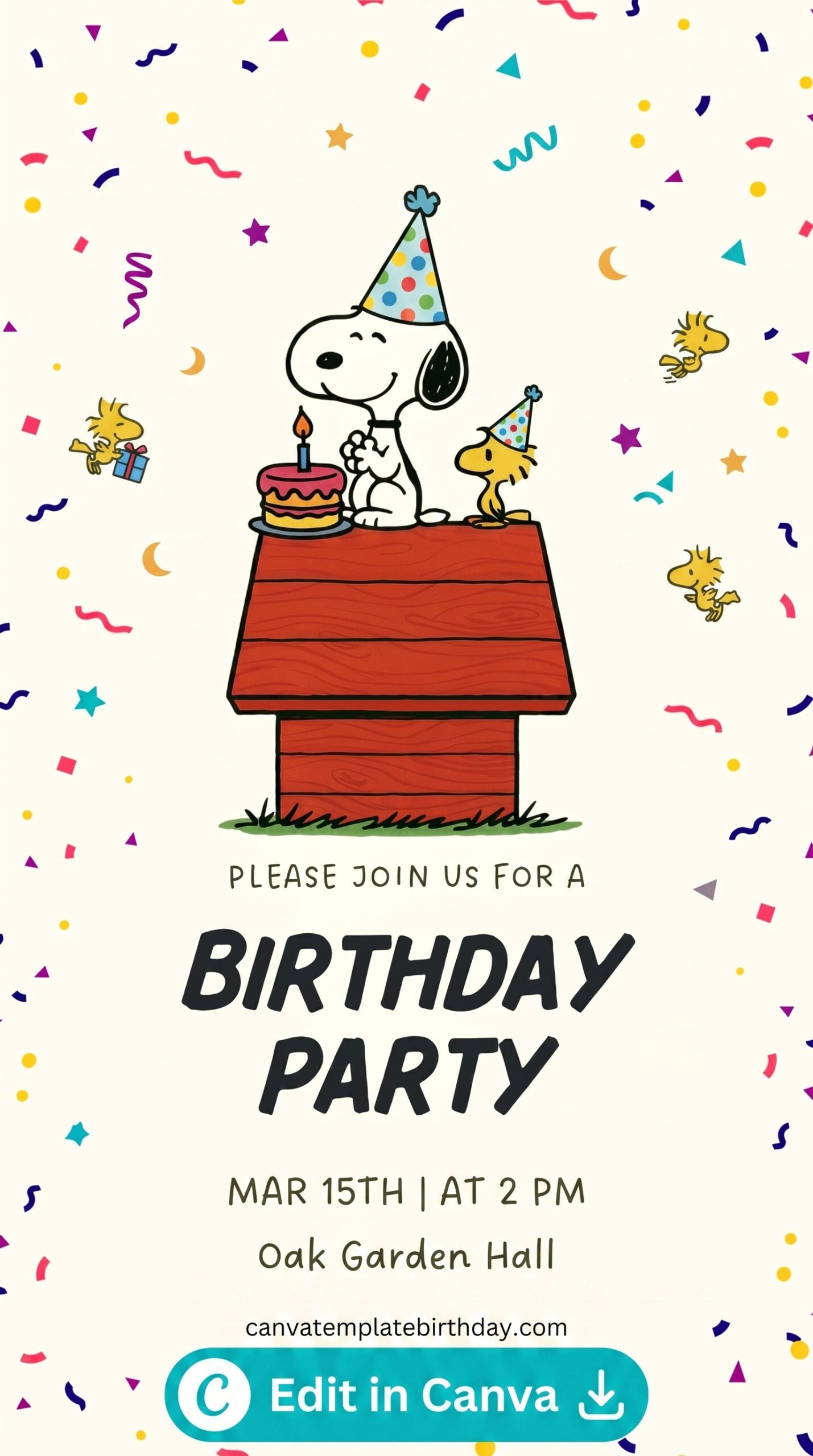 kids cartoon birthday party invitation canva template confetti printable editable