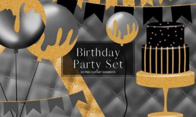 black birthday party aesthetic clip art set watercolor balloons printable editable