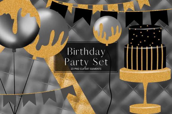 black birthday party aesthetic clip art set watercolor balloons printable editable