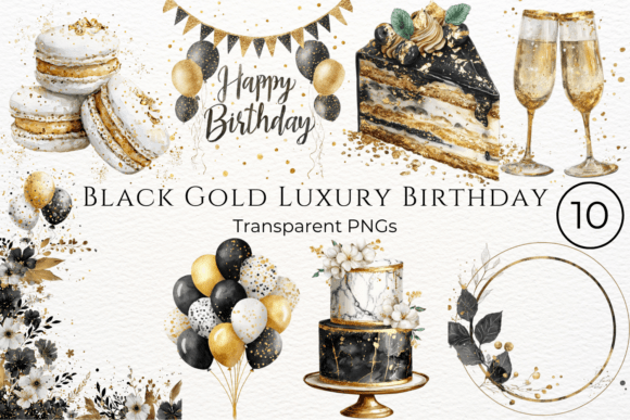 dark themed birthday party black gold luxury clipart printable editable
