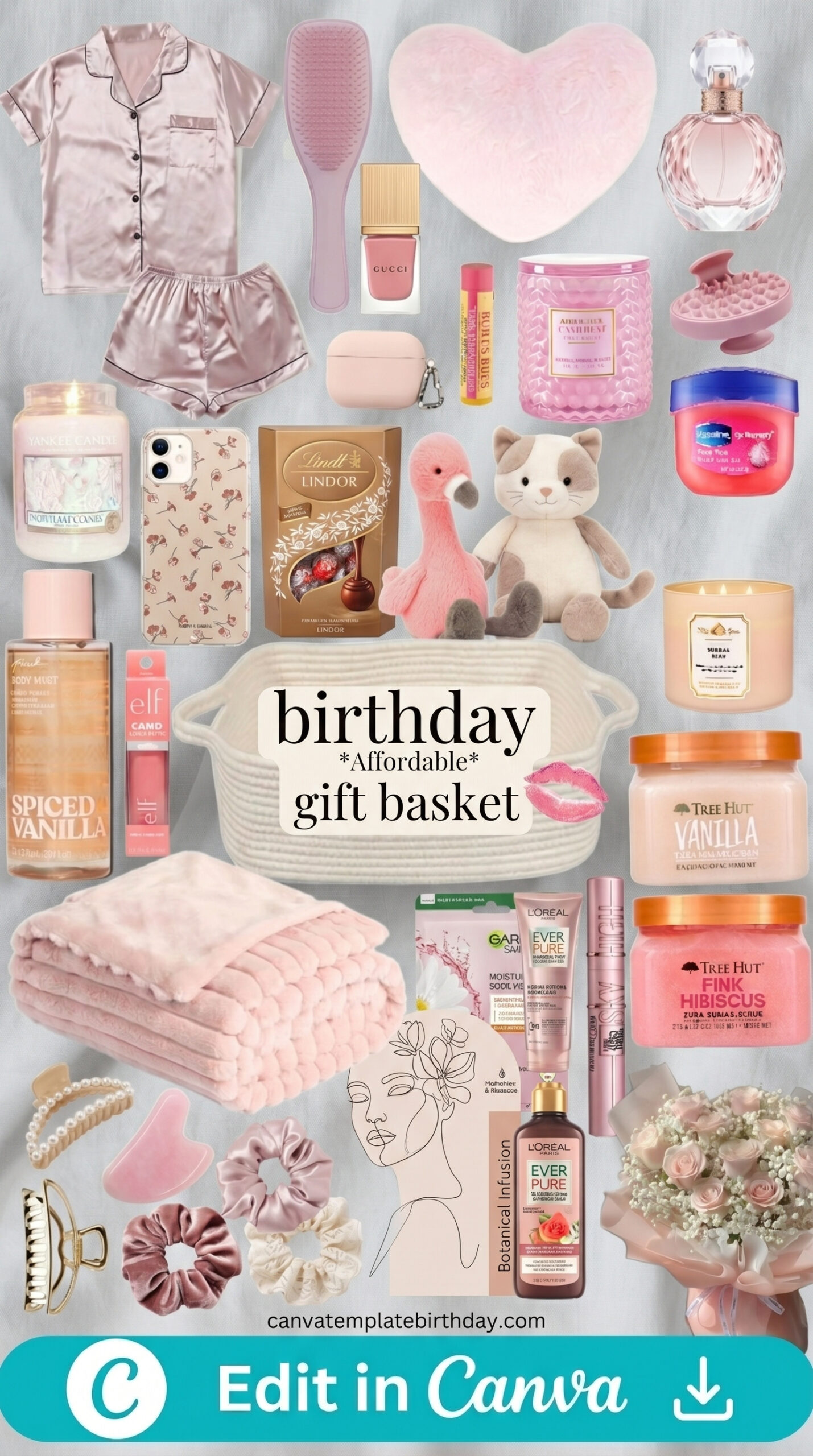 Pink birthday rewards gift basket with pink and gold accents