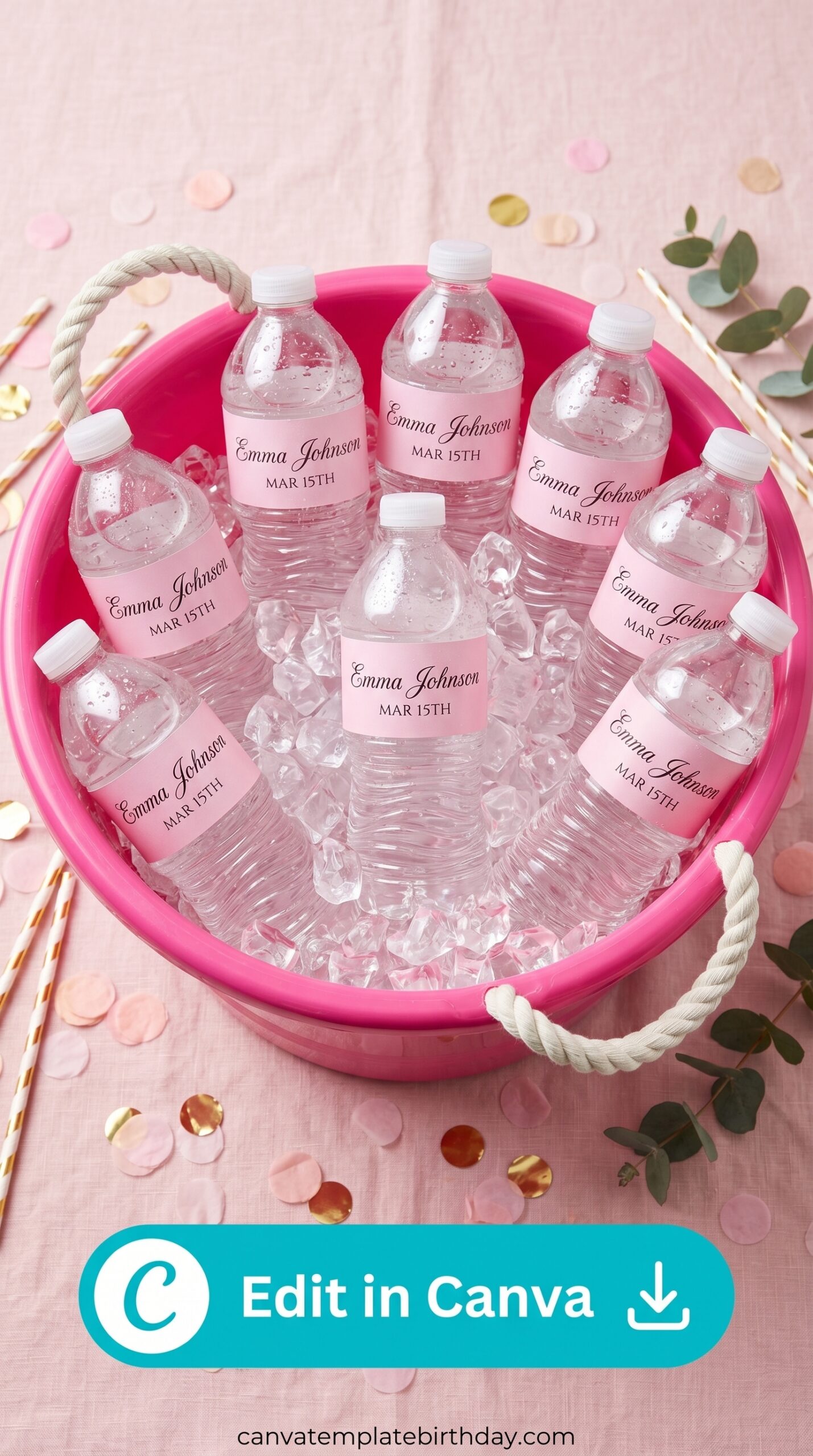 Pink birthday rewards bucket with water bottles