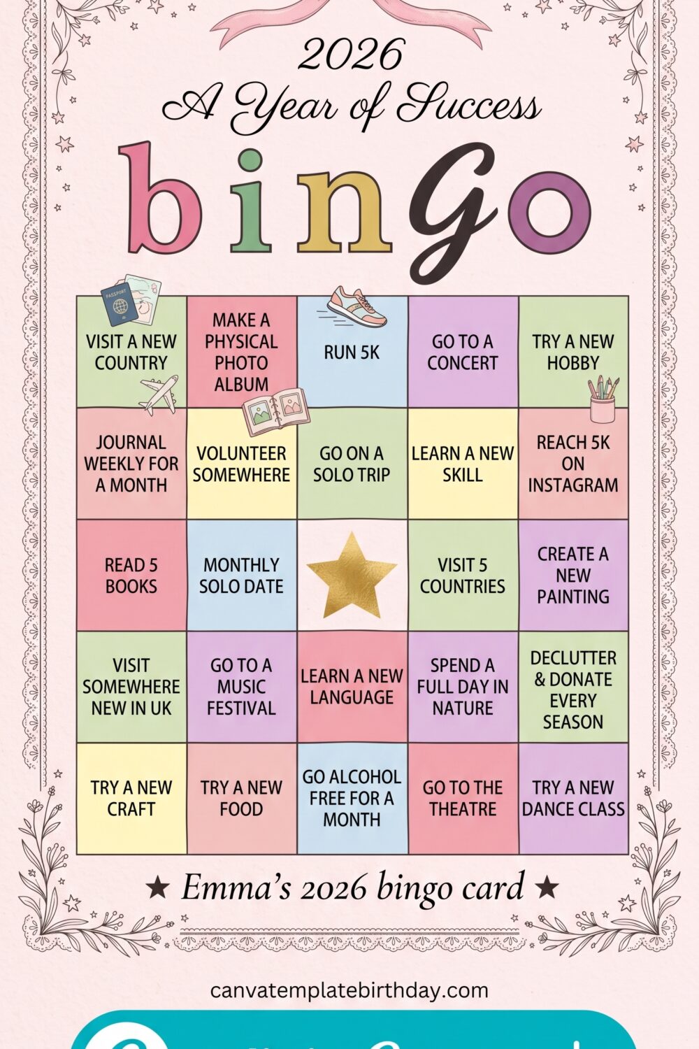 Pink Birthday Rewards bingo card for celebrations