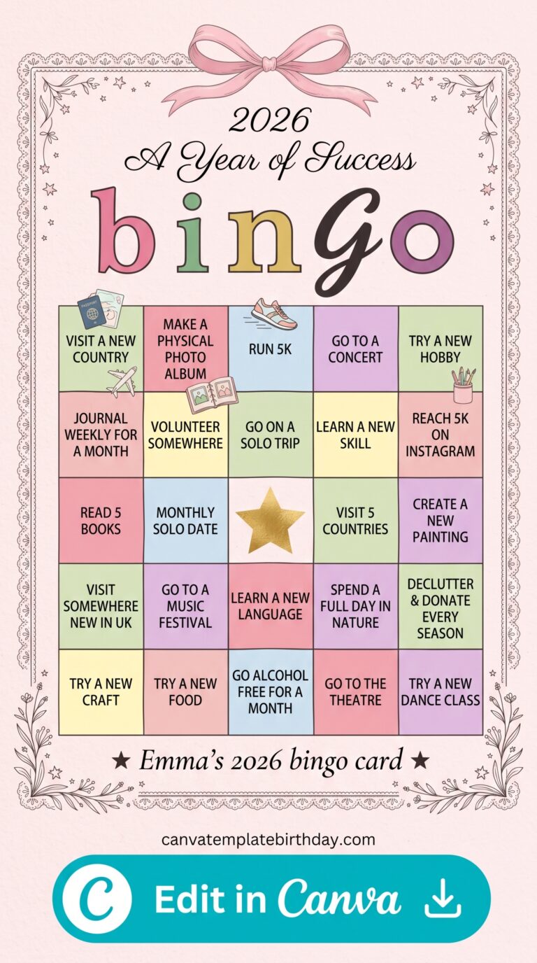 Pink Birthday Rewards bingo card for celebrations