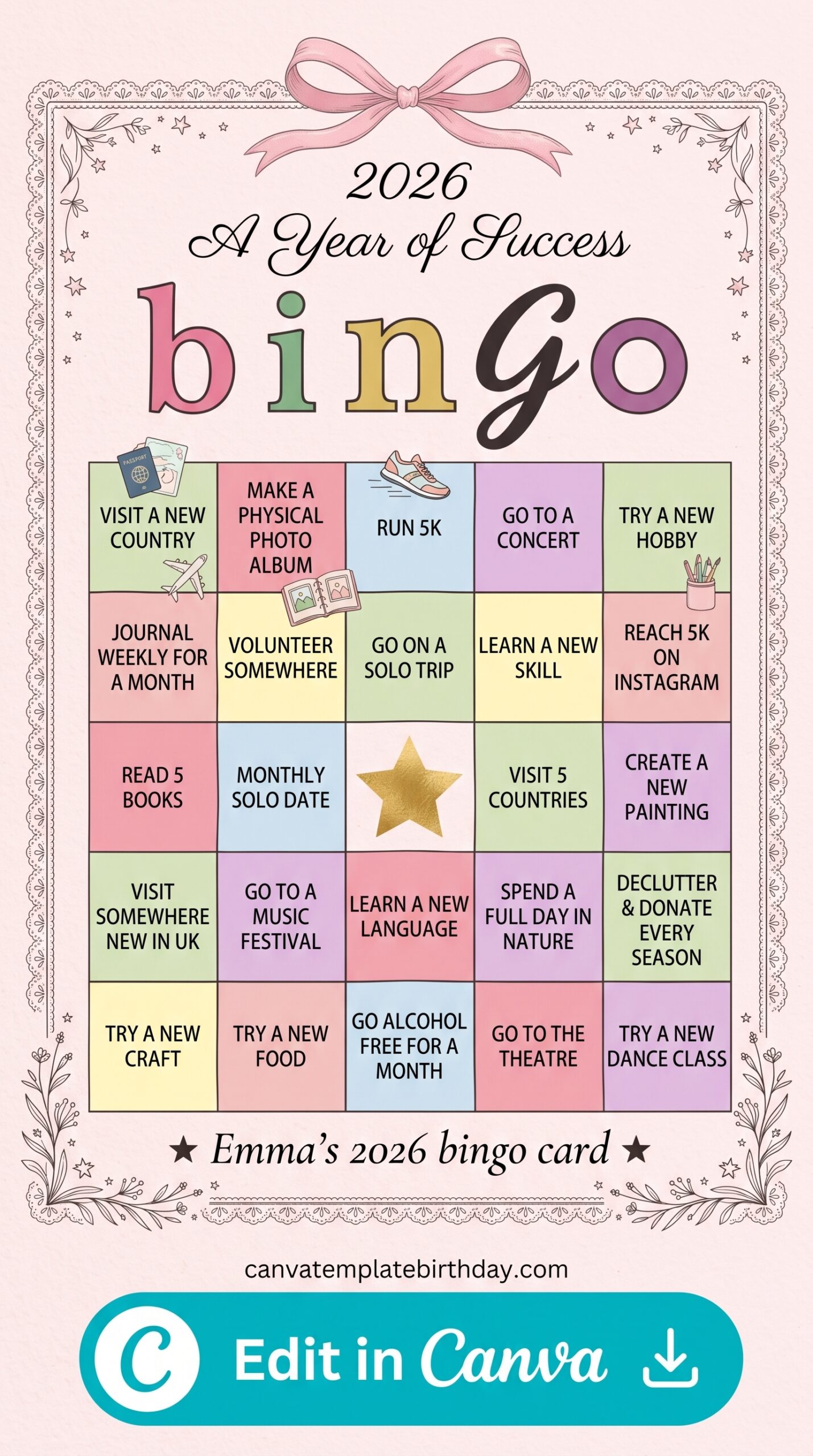 Pink Birthday Rewards bingo card for celebrations