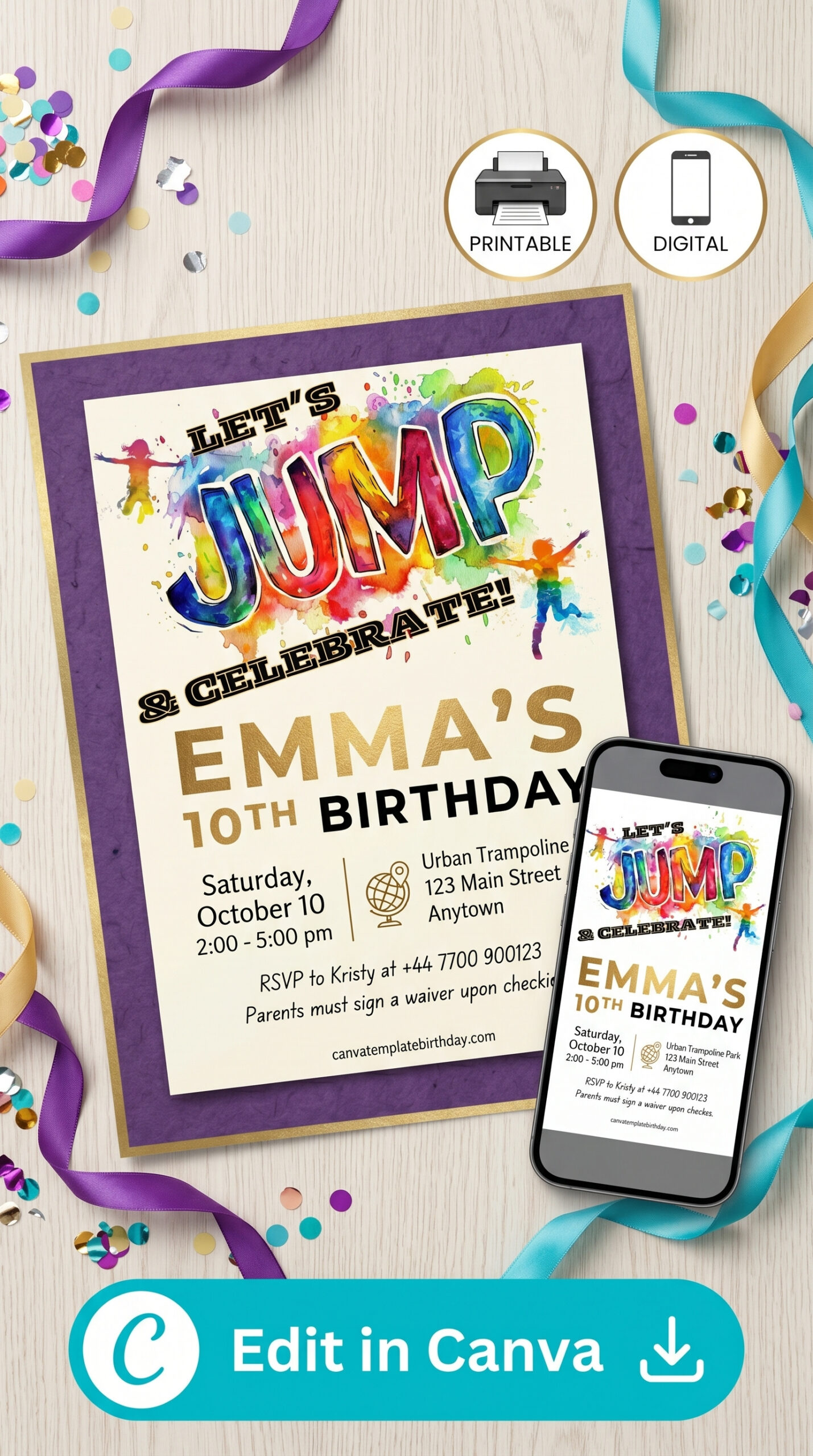 printable jump birthday invitations bounce jump neon template trampoline printable editable