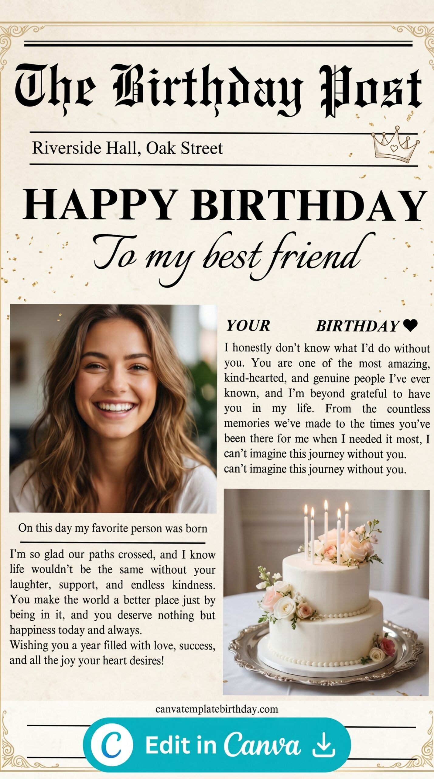 template birthday newspaper candles best friend celebration printable editable