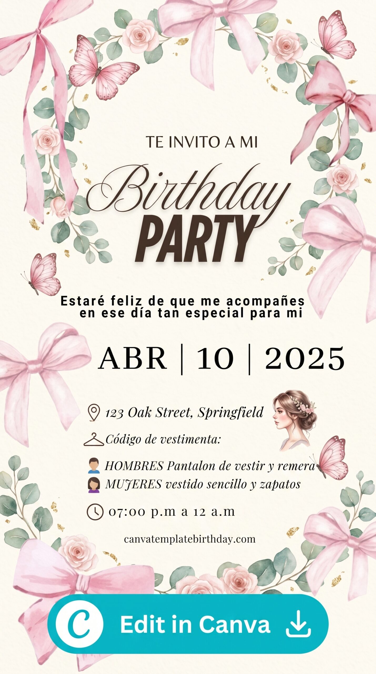 template birthday party invitation pink bows cute celebration printable editable