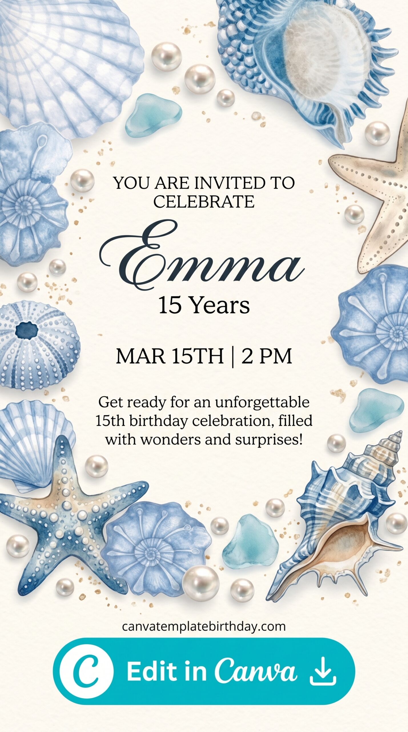 template birthday party invitation elegant blue white beach seashells printable editable