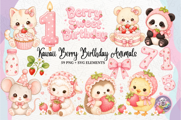 birthday decoration ideas girl baby kawaii cute animals pink berry printable editable