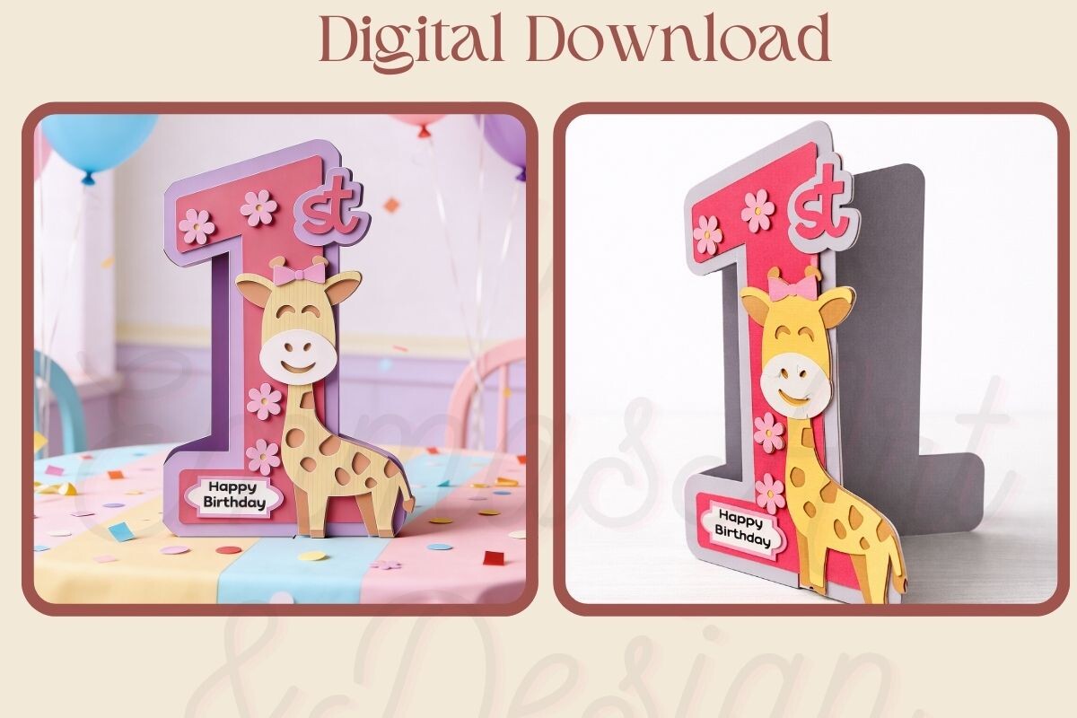 birthday decoration ideas girl baby giraffe safari 3D SVG card printable editable