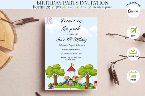 picnic birthday party invitation outdoor night printable editable