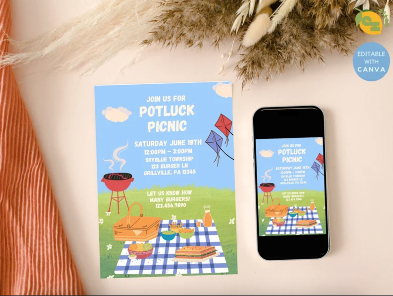 picnic potluck bbq birthday invitation canva outdoor night editable
