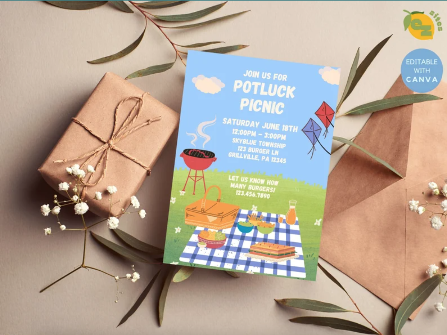 birthday bbq picnic outdoor party invitation template editable