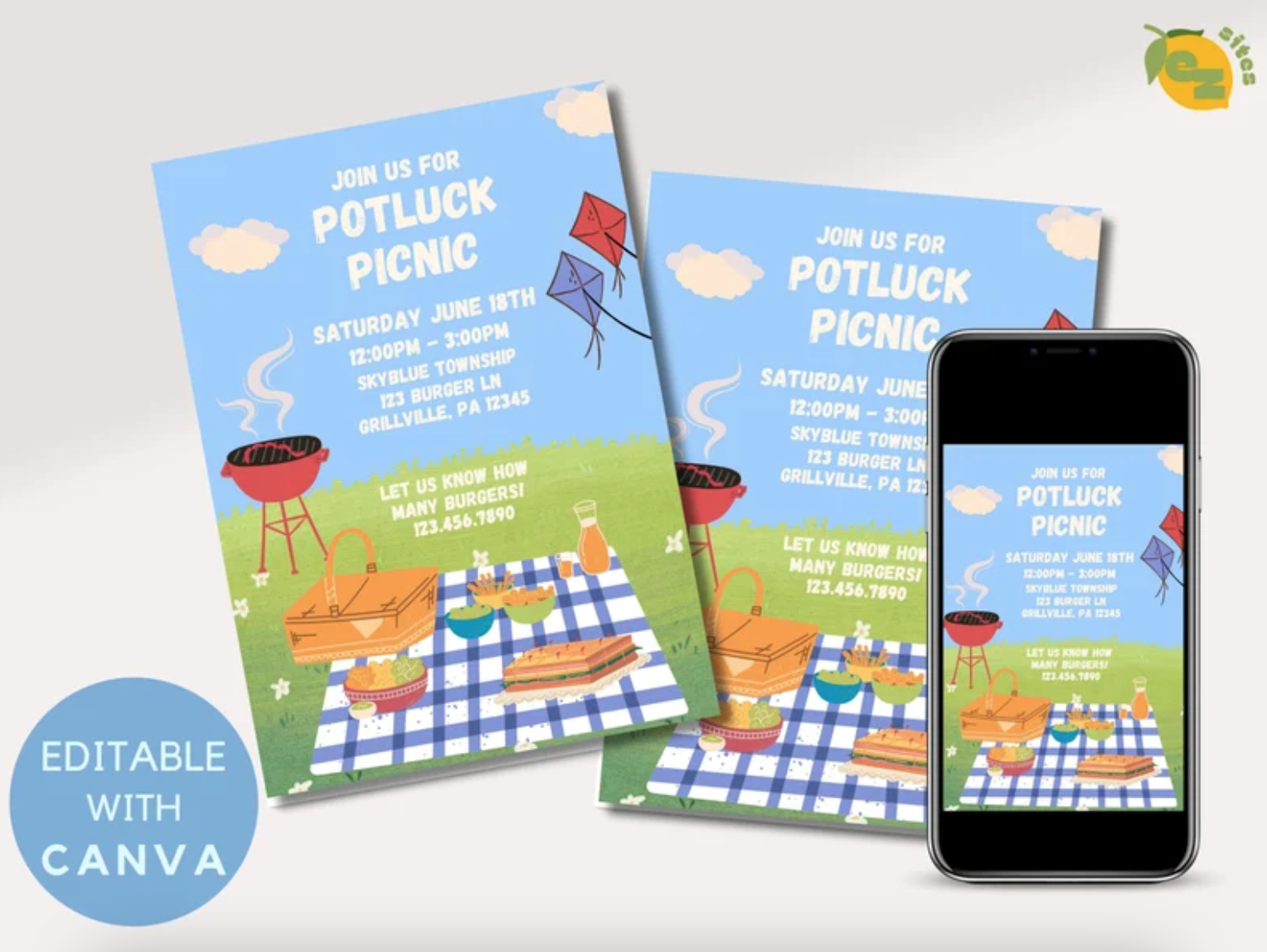 outdoor picnic birthday party invitation canva template editable