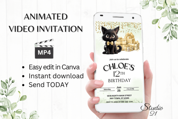 birthday template aesthetic black cute black cat birthday invitation graph printable editable