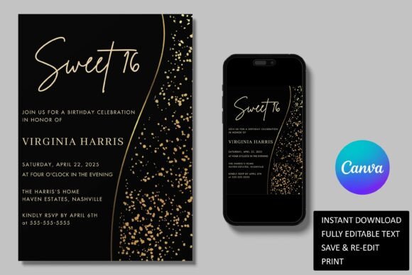 birthday template aesthetic black gold black sweet sixteen birthday invite printable editable