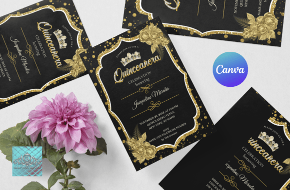 birthday template aesthetic black black&gold quinceañera birthday invi printable editable