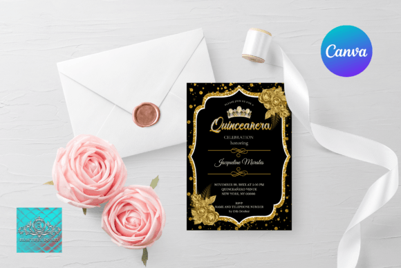 birthday template aesthetic black black&gold quinceañera birthday invi printable editable