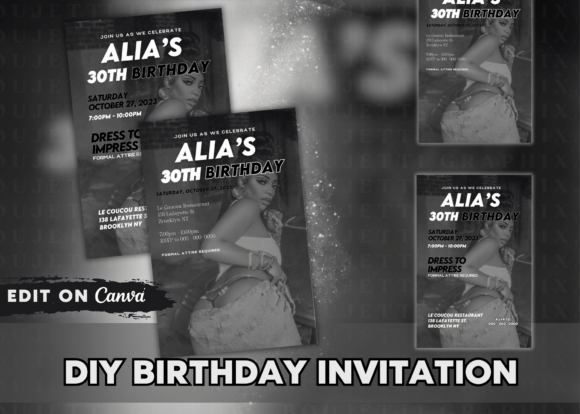 black and white aesthetic birthday canva customizable birthday invitat template editable