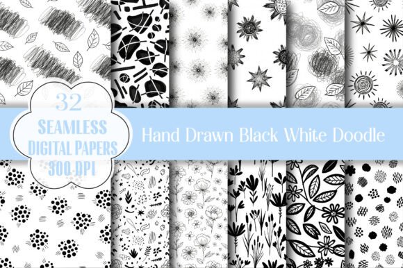 black and white aesthetic birthday hand drawn black white doodle patte template editable