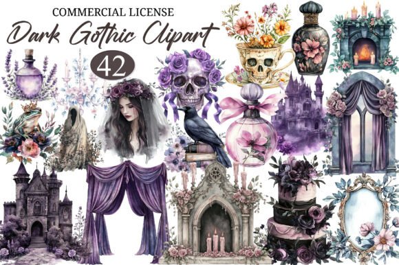 dark birthday party aesthetic watercolor dark gothic clipart bundle gr printable editable