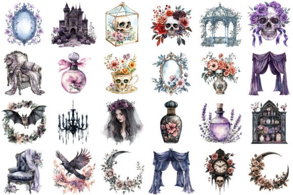 dark birthday party aesthetic watercolor dark gothic clipart bundle gr printable editable