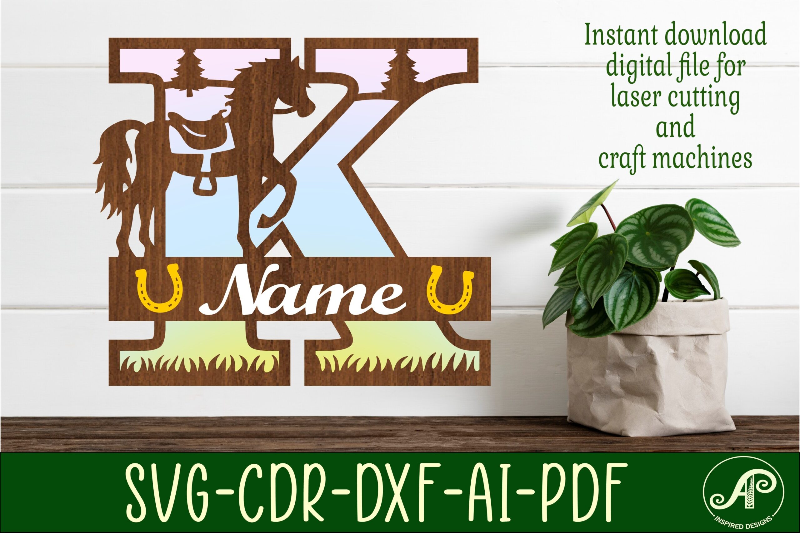 laser cut birthday name sign svg horse capital monogram letter k svg file printable editable 1