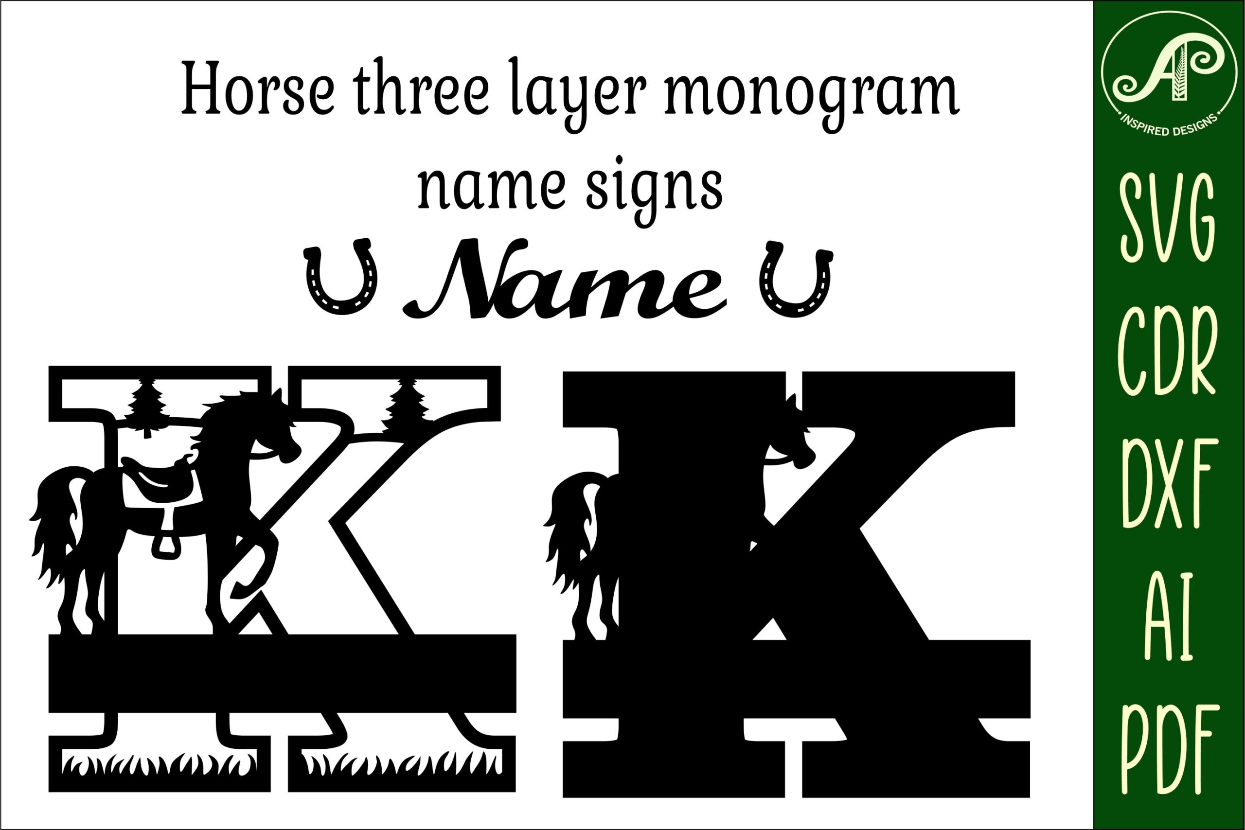 laser cut birthday name sign svg horse capital monogram letter k svg file printable editable 2