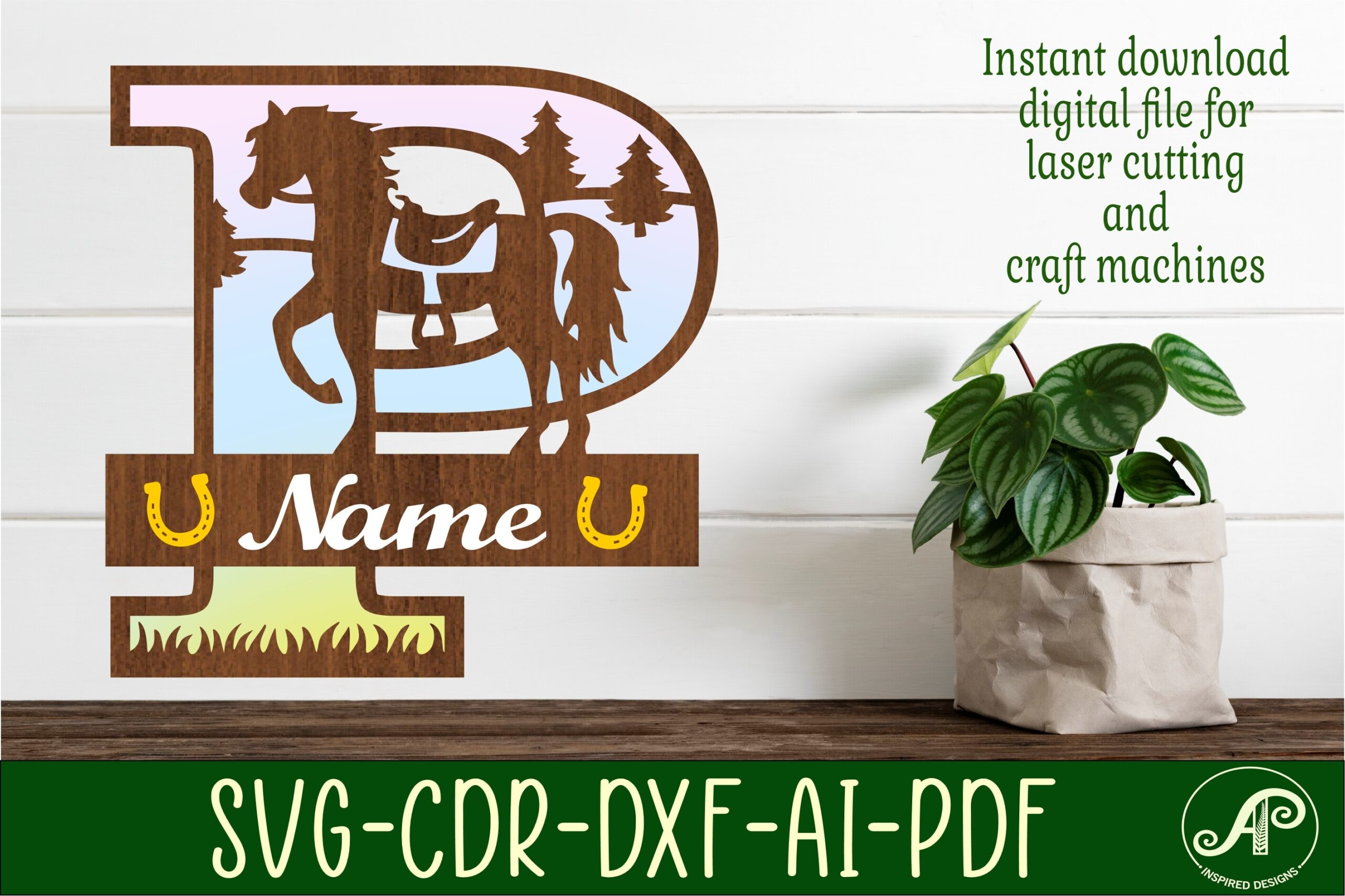 laser cut birthday name sign svg horse capital monogram letter p svg file printable editable 1