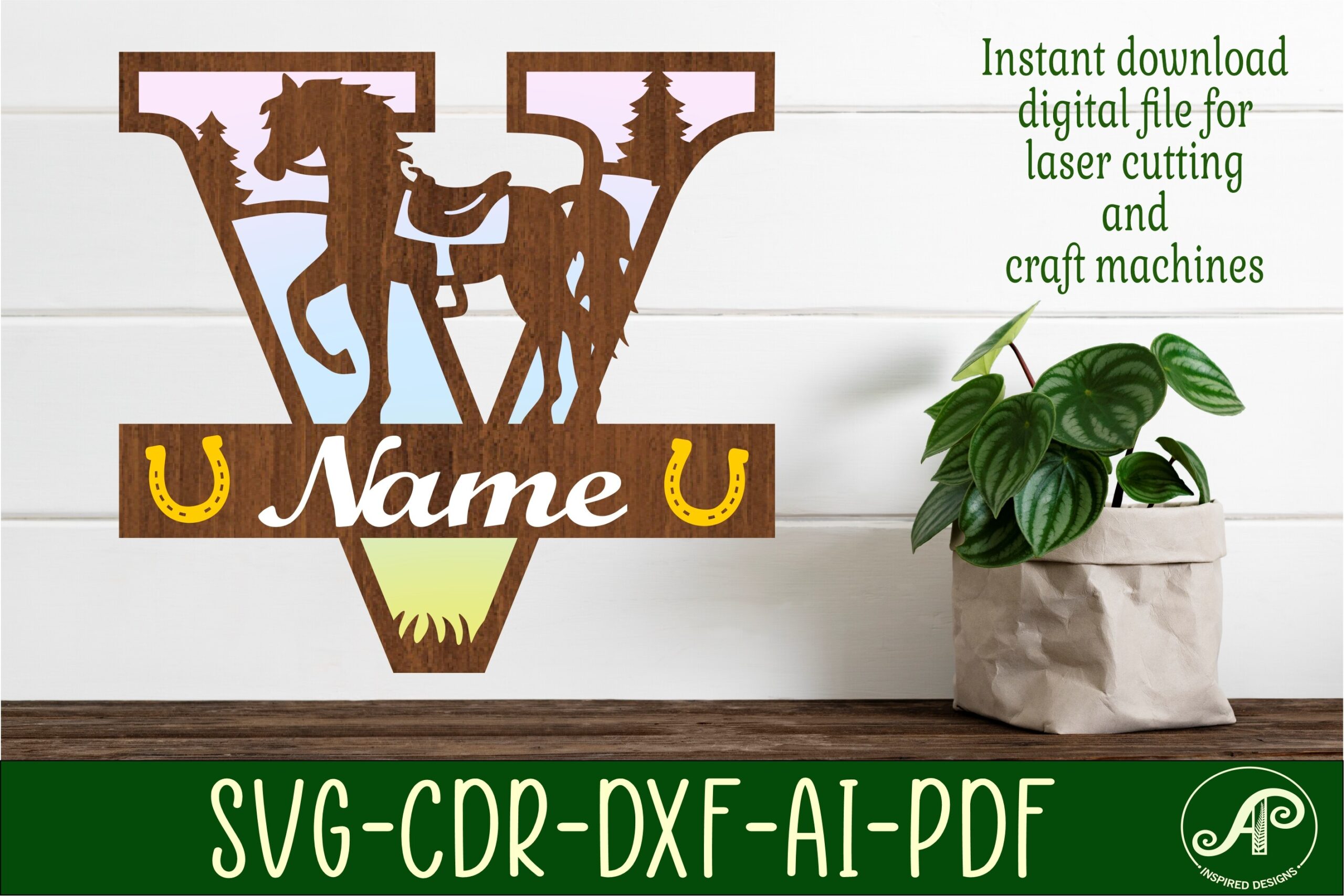 laser cut birthday name sign svg horse capital monogram letter v svg file printable editable 1